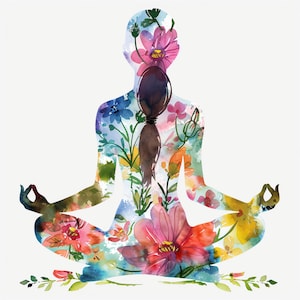 Imágenes prediseñadas de mujer de yoga floral, 11 imágenes JPG de mujeres meditando, arte de yoga en acuarela, descarga digital, imágenes prediseñadas de diario basura, gráficos espirituales imprimibles