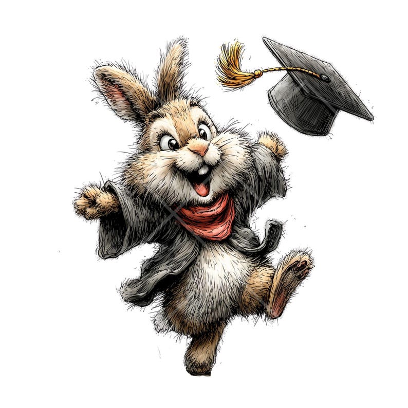 May include: A cartoon illustration of a happy rabbit wearing a graduation gown and a red scarf, with a black graduation cap with a gold tassel floating above it. The rabbit is jumping with joy, celebrating graduation.
