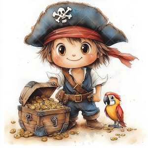11 Cartoon Pirates Clipart, Pirates Print, Printable Watercolor Clipart, Wysokiej Jakości JPG, Pobieranie Cyfrowe, Rękodzieło Papierowe, Dziennik Śmieci