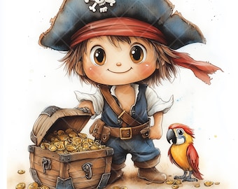 Cartoon Pirates Watercolor Clipart: Nautical Theme (Digital Download)