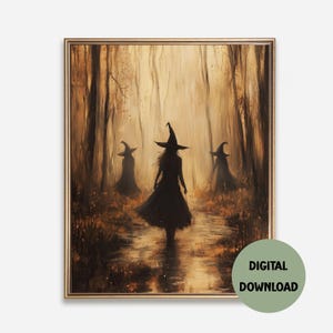 Printable Halloween Witch, Witch Art, Vintage Halloween Poster, Rustic Witch Painting, Digital Download,   Farmhouse Dark Halloween Painting