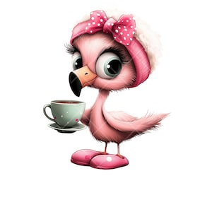 Uroczy flaming z kawą Clipart | 11 zestawów PNG | Przytulny różowy flaming z gorącym napojem | Cyfrowe pobieranie do sublimacji, kart, modnych clipartów,