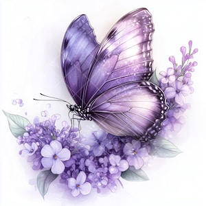 14 lila Schmetterling Cliparts mit glitzernden Flügeln auf Blumen, Aquarell Illustrationen für Scrapbooking, Tagebücher und magische Designprojekte