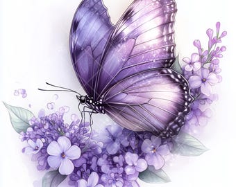 14 Purple Butterfly Cliparts with Sparkling Wings on Flowers, Watercolor Illustrations for Scrapbooking,Journals and Magical Design Projects