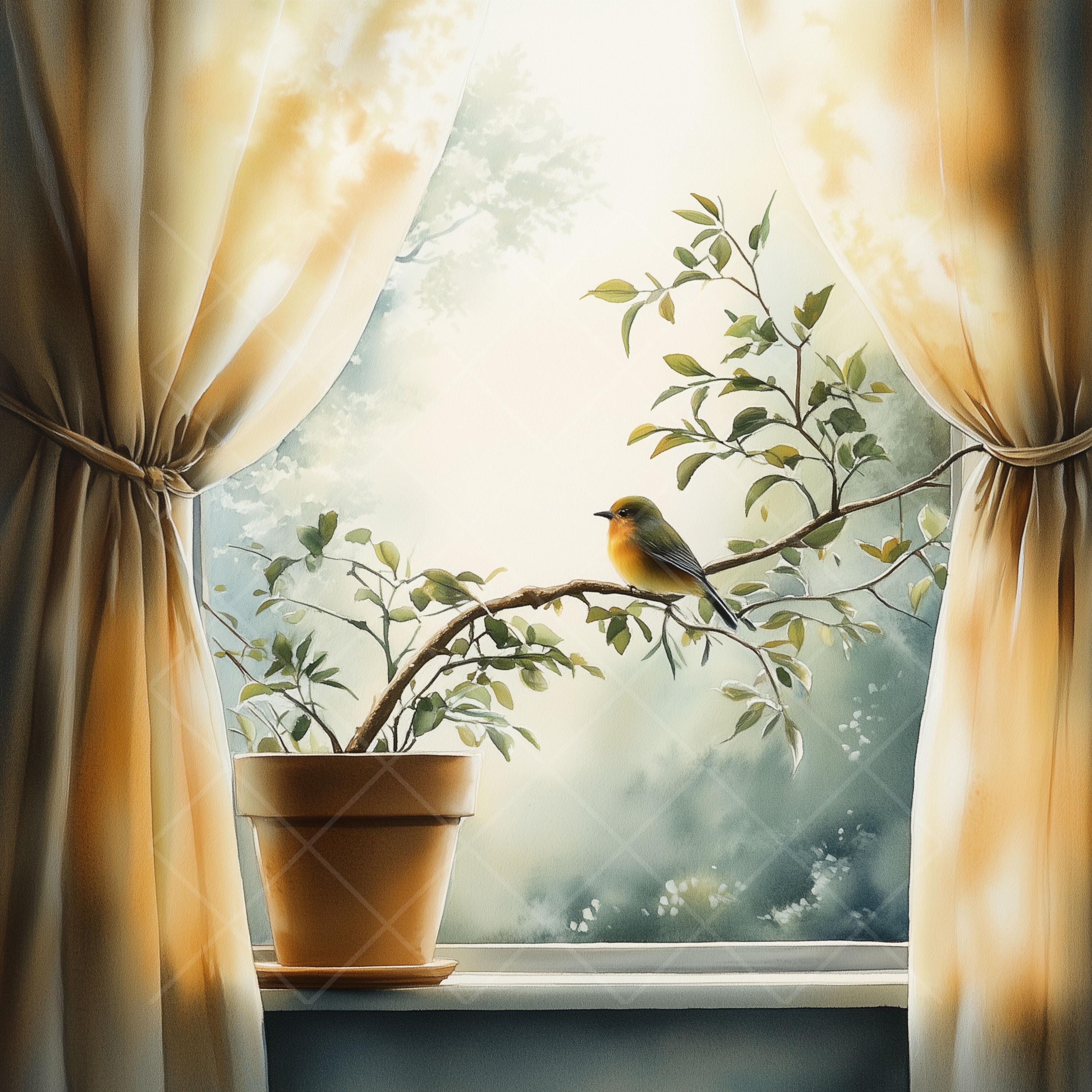 鳥の水彩画窓クリップアート：風光明媚な風景（JPG デジタル