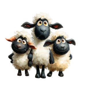 May include: A digital illustration of three cartoon sheep. The sheep have white fluffy wool, black faces, ears, and legs. They have large, expressive eyes and are smiling. The background is plain white.
