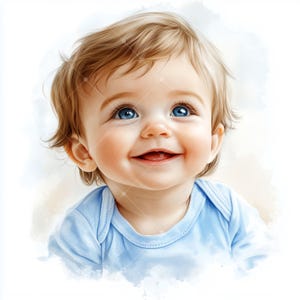 Könnte beinhalten: Aquarellporträt eines lächelnden Babys mit hellbraunem Haar und leuchtend blauen Augen. Das Baby trägt einen hellblauen Strampler. Das Bild hat eine weiche, verträumte Qualität.