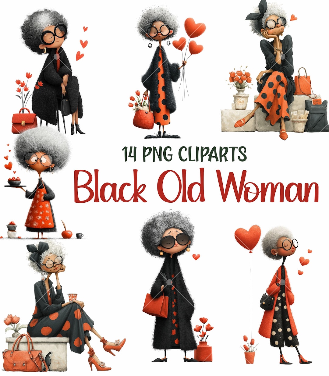 African American Grandma Clipart PNG Bundle, Black Old Woman ...