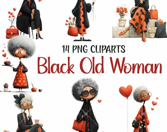 African American Grandma Clipart PNG Bundle, Black Old Woman Illustration, Cute Senior Lady Art, Digital Download