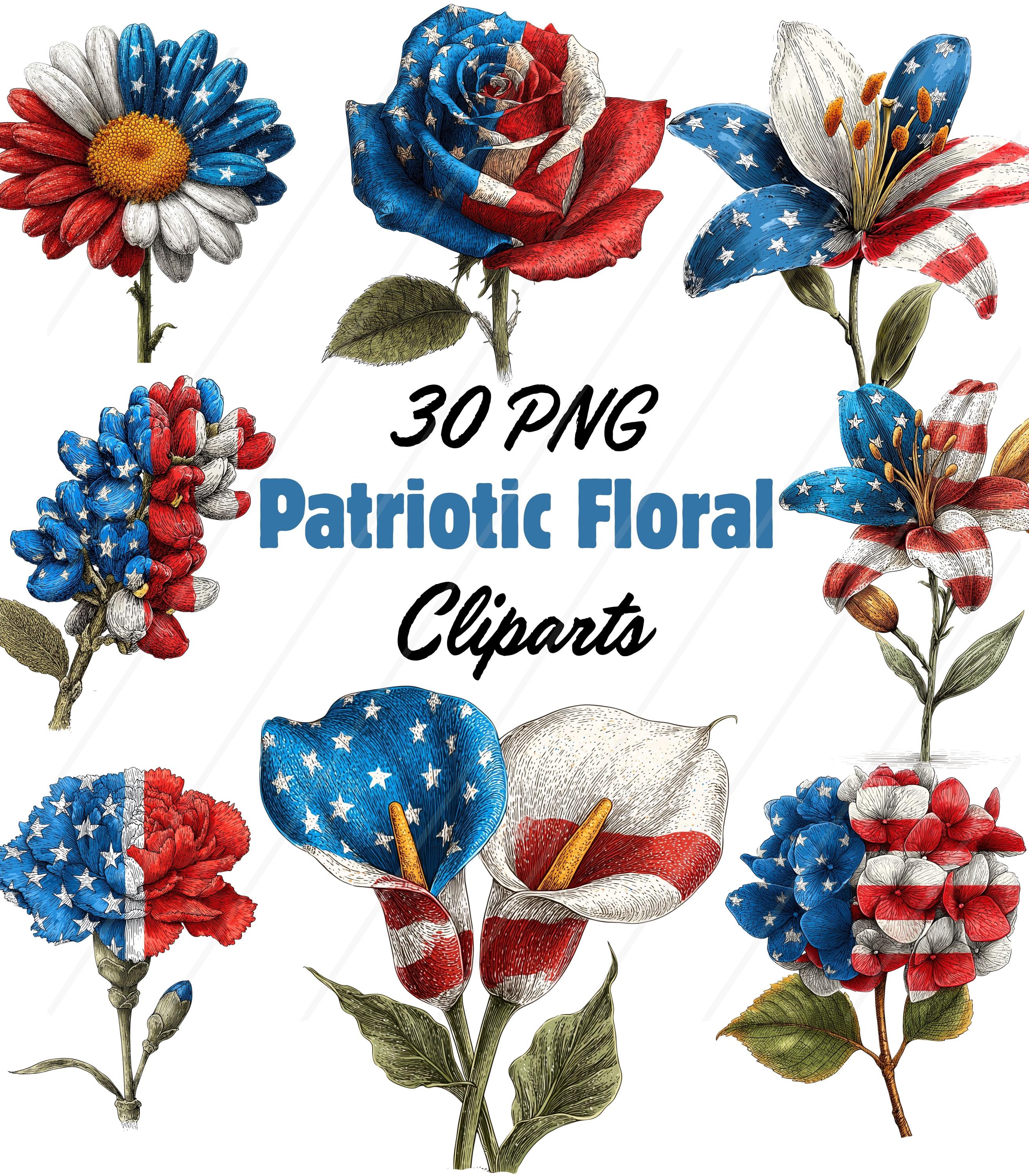 Patriotic Floral PNG Bundle Clipart, Red White Blue Flowers ...