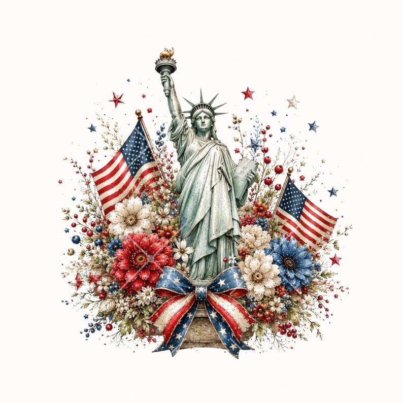 Pode incluir: Ilustra&ccedil;&atilde;o em aquarela da Est&aacute;tua da Liberdade com bandeiras americanas, flores vermelhas, brancas e azuis e um la&ccedil;o patri&oacute;tico. A obra de arte apresenta estrelas e bagas, celebrando o Dia da Independ&ecirc;ncia.