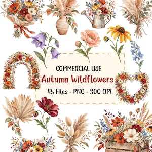45 PNG Höstvildblommor Clipart, Akvarell Blombuketter, Boho Höstblommor, Pampasgräs & Blomsterramar, Kommersiellt bruk