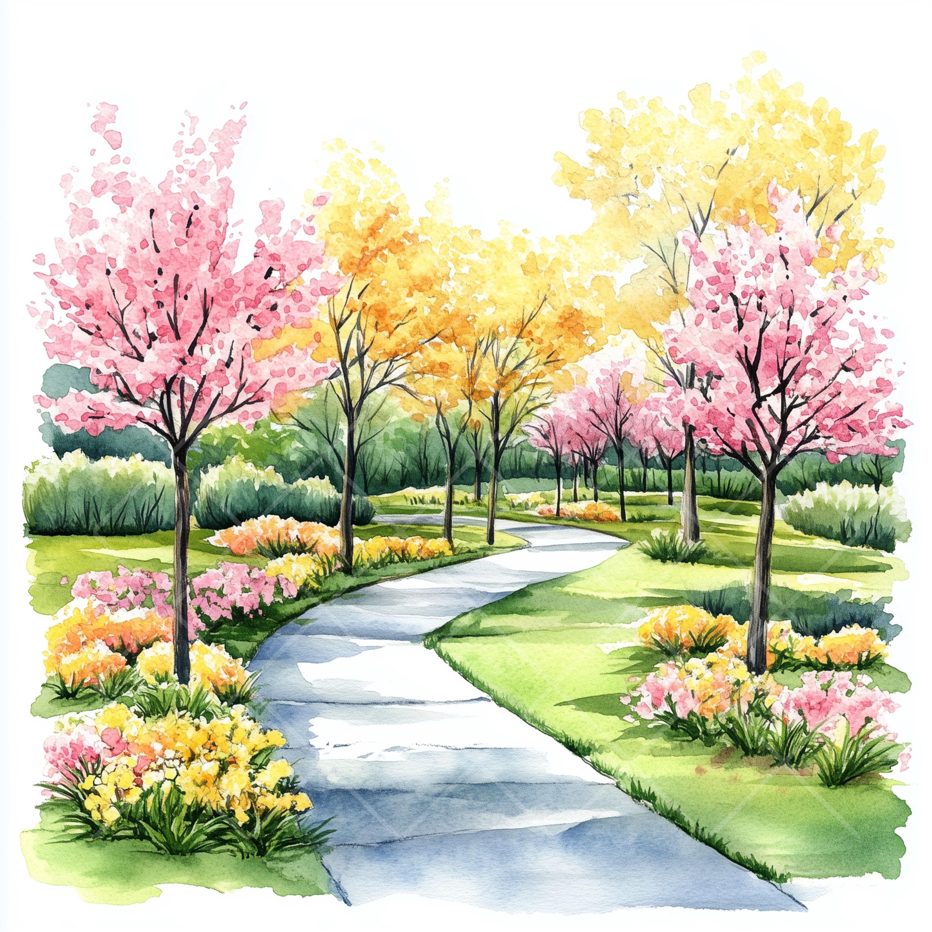 春の風景水彩クリップアート：風光明媚な自然のイラスト（デジタル