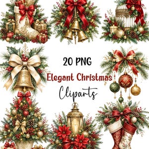 Può includere: Una collezione di 20 PNG Elegant Christmas Cliparts con illustrazioni festive di calze, campane, rami di pino, fiocchi rossi, decorazioni, una gabbia, una lanterna e pacchetti regalo con accenti dorati, rossi e verde.