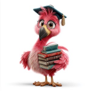 Lindo flamenco con libros, ilustración de pájaro de graduación, pájaro escolar rosa, animal de dibujos animados en acuarela, 13 archivos JPG para manualidades y escuela.