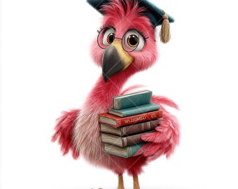Flamingo Clipart: Graduation Scholar Bird with Books (JPG Files)