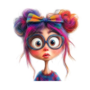 Clipart fille lunatique PNG 9 - cheveux fous colorés avec noeud, art fille excentrique amusant | Téléchargement numérique pour créations manuelles et impressions,