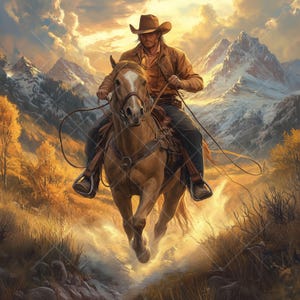 10 JPG Cowboy Reitpferd Clipart, Western Sunset Art, Wilder Westen Illustration, druckbare digitaler Download, rustikale Land Dekor