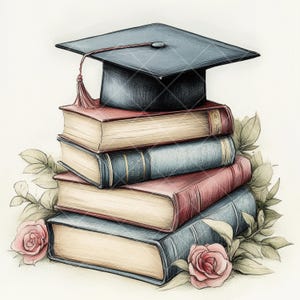 Clipart de boné de formatura, ilustração digital esboçada – Livros antigos, 10 JPGs, tema acadêmico, sucesso escolar, estilo de desenho a lápis
