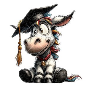 May include: A cartoon illustration of a donkey wearing a black graduation cap with a gold tassel. The donkey has a white and gray body with colorful hair and a red collar. The donkey is sitting and smiling.