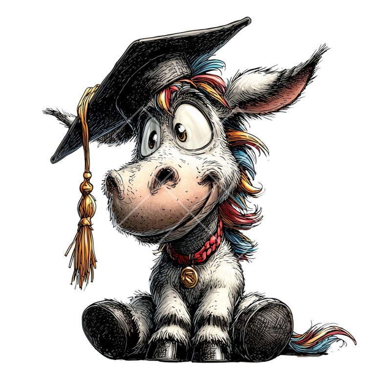 May include: A cartoon illustration of a donkey wearing a black graduation cap with a gold tassel. The donkey has a white and gray body with colorful hair and a red collar. The donkey is sitting and smiling.