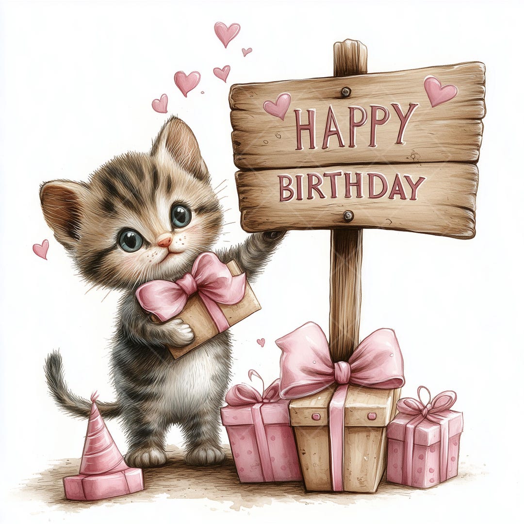 16 Cute Kitten Birthday Cliparts – Cat With Wooden Street Sign “happy ...