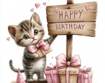 16 Cute Kitten Birthday Cliparts – Cat with Wooden Street Sign “Happy Birthday” JPGs for Cards, Stickers, Crafts & Sublimation
