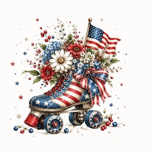 Pode incluir: Ilustra&ccedil;&atilde;o patri&oacute;tica de um patim decorado com o design da bandeira americana. O patim &eacute; adornado com um buqu&ecirc; de flores vermelhas, brancas e azuis, um la&ccedil;o e uma pequena bandeira americana. Estrelas e bagas espalhadas completam o design festivo.