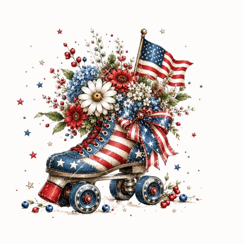 Pode incluir: Ilustra&ccedil;&atilde;o patri&oacute;tica de um patim decorado com o design da bandeira americana. O patim &eacute; adornado com um buqu&ecirc; de flores vermelhas, brancas e azuis, um la&ccedil;o e uma pequena bandeira americana. Estrelas e bagas espalhadas completam o design festivo.