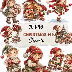 Op de afbeelding: Een verzameling van 20 PNG kerstelf cliparts met diverse illustraties van elfen in rode en groene winterkleding, bezig met feestelijke activiteiten zoals schaatsen, bomen versieren, speelgoedtreinen schilderen en het dragen van cadeaus.