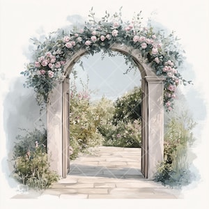 Verzaubertes Gartentor - 10 JPG Aquarell Cliparts mit romantischen Blumenbögen und verträumtem geheimem Garteneingang im Antik Stil,