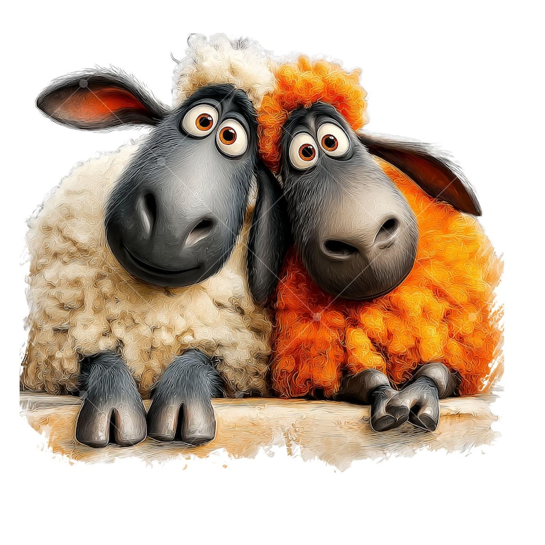 May include: A whimsical illustration of two sheep. One sheep has white wool and the other has orange wool. Both sheep have black faces, ears, and feet, with large, expressive eyes. They appear to be leaning on a wooden surface.