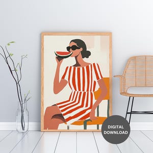 Woman in Striped Dress Art Print: Modern Watermelon Wall Decor (Digital Download)