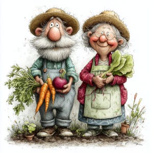May include: A whimsical illustration of a farmer and his wife, both wearing straw hats and holding freshly harvested vegetables. The farmer holds carrots and a red beet, while his wife carries leafy greens. They are dressed in overalls and aprons.