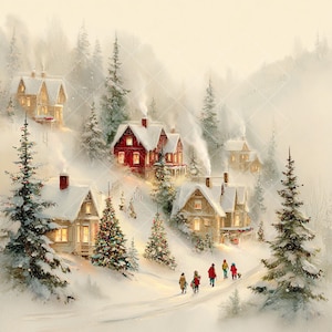 May include: A winter landscape painting depicts snow-covered houses nestled among evergreen trees. Smoke rises from chimneys, and a group of people walk along a snowy path. The houses have red and tan exteriors, and Christmas trees are decorated with lights.