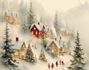 May include: A winter landscape painting depicts snow-covered houses nestled among evergreen trees. Smoke rises from chimneys, and a group of people walk along a snowy path. The houses have red and tan exteriors, and Christmas trees are decorated with lights.
