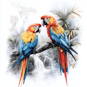 Clipart de guacamayo en acuarela: 10 archivos JPG con fondo de loro tropical y cascada. Arte de aves de la selva para impresiones, manualidades e invitaciones.