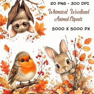 May include: A digital collection of woodland animal illustrations featuring a bat hanging from a branch, a robin, and a rabbit surrounded by autumn leaves, berries, and mushrooms. Text reads: 20 PNG - 300 DPI, Whimsical Woodland Animal Cliparts, 5000 X 5000 PX.