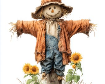 Paquete de imágenes prediseñadas de espantapájaros y girasoles: Ilustraciones rústicas de la cosecha otoñal (descarga digital)