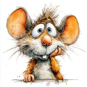 Pode incluir: Ilustração em aquarela de um rato com grandes olhos azuis expressivos e orelhas laranja grandes. O rato tem uma pelagem marrom clara e branca, um nariz rosa e está apoiando o queixo na mão. A imagem tem um estilo lúdico e de desenho animado.