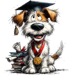 May include: A cartoon illustration of a dog wearing a graduation cap and a red medal. The dog is sitting next to a stack of books and a diploma. The dog has brown and white fur and a happy expression.