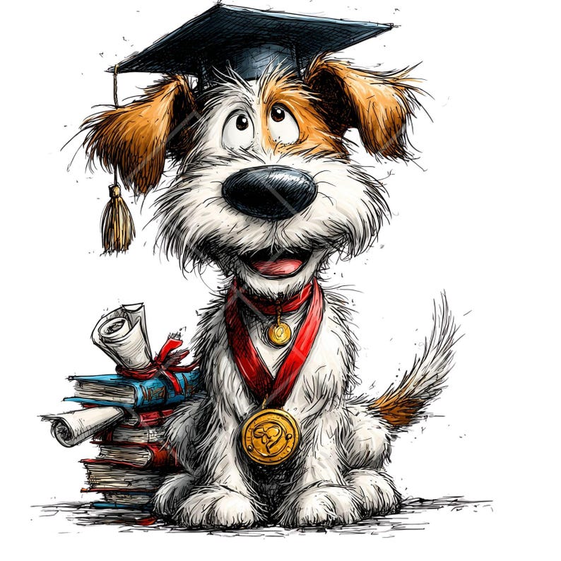 May include: A cartoon illustration of a dog wearing a graduation cap and a red medal. The dog is sitting next to a stack of books and a diploma. The dog has brown and white fur and a happy expression.