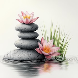 14 JPG Cliparts, Zen-stenen met lotusbloemen en waterelementen in minimalistische stijl voor ontspanning, wellness en spirituele ontwerpprojecten