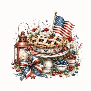 Pode incluir: Ilustra&ccedil;&atilde;o em aquarela com tema patri&oacute;tico. Uma torta com cobertura de treli&ccedil;a com mirtilos e cerejas est&aacute; em um pedestal, ao lado de uma bandeira americana, uma lanterna e um la&ccedil;o decorativo. As cores vermelho, branco e azul dominam a cena.