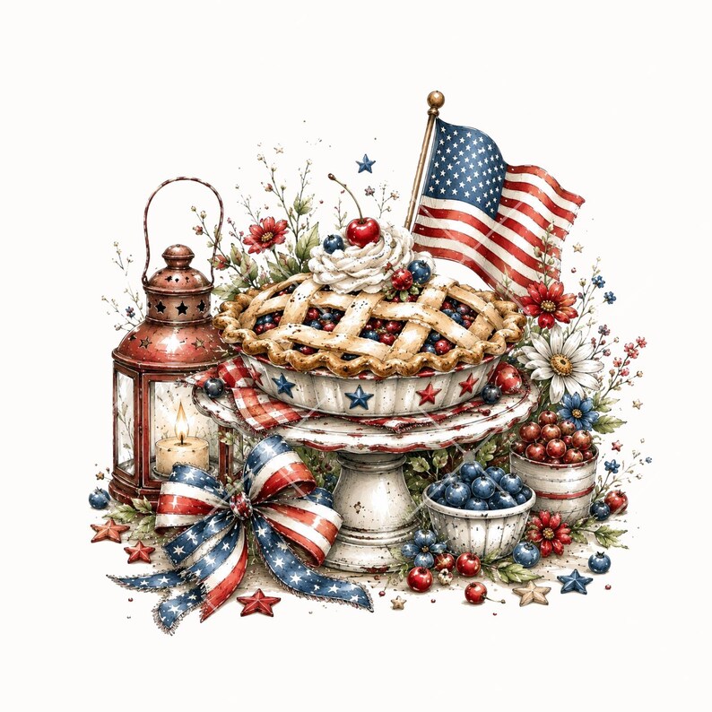 Pode incluir: Ilustra&ccedil;&atilde;o em aquarela com tema patri&oacute;tico. Uma torta com cobertura de treli&ccedil;a com mirtilos e cerejas est&aacute; em um pedestal, ao lado de uma bandeira americana, uma lanterna e um la&ccedil;o decorativo. As cores vermelho, branco e azul dominam a cena.