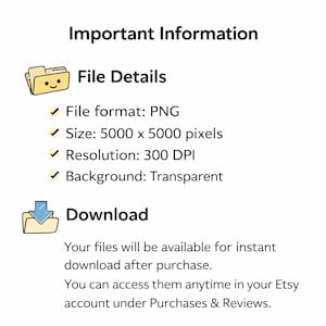 May include: Important Information text with a yellow folder icon. File Details section lists PNG format, 5000 x 5000 pixels size, 300 DPI resolution, and transparent background. Download section includes a blue arrow folder icon and text.