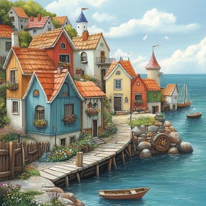 Whimsical Seaside Cottages Clip Art – 10 JPGs em aquarela para Junk Journaling, Scrapbooking, Card Making e Digital Fantasy Art,