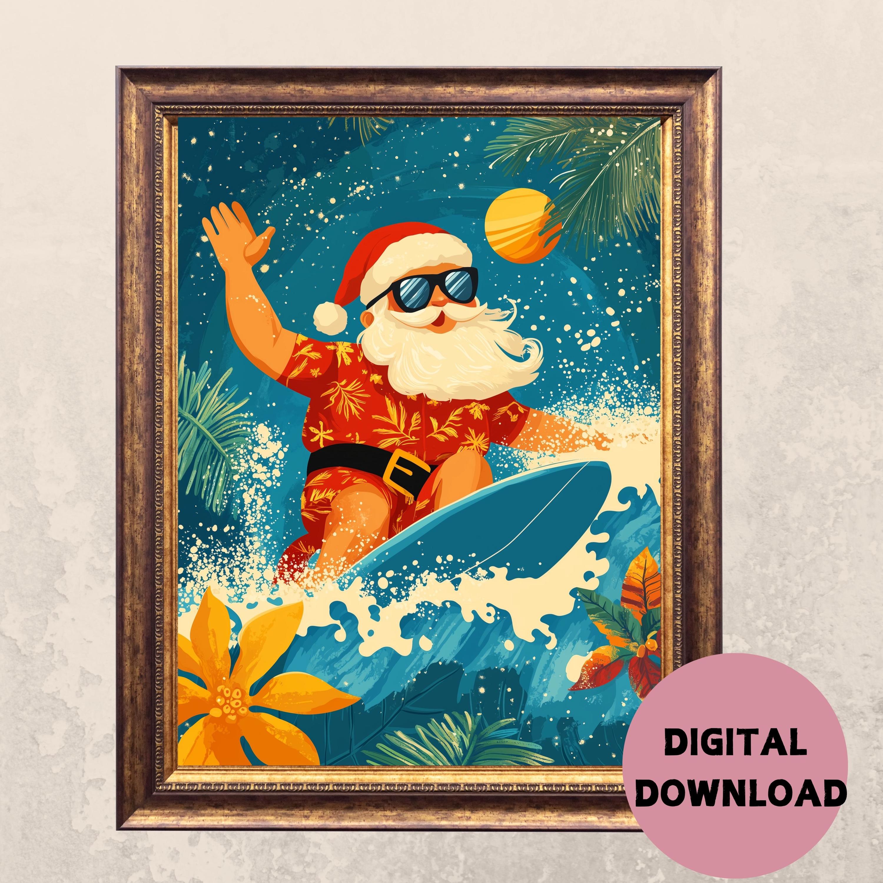 Surfing Santa Art Print: Beach Christmas Decor (digital Download