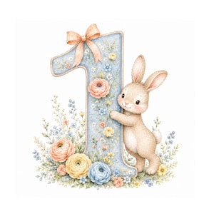 Könnte beinhalten: Eine dekorative Zahl Eins mit hellblauem Hintergrund und Blumenmuster, gekrönt von einer pfirsichfarbenen Schleife. Ein kleiner, hellbrauner Hase steht neben der Zahl, die von verschiedenen bunten Blumen und Grünpflanzen umgeben ist.