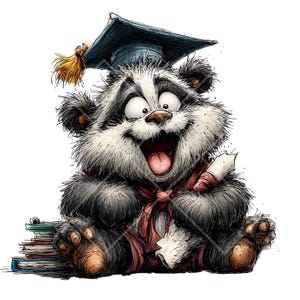 May include: A cartoon illustration of a happy, furry creature wearing a graduation cap and a red scarf. The creature is sitting with a stack of books and holding a diploma. The image has a white background.